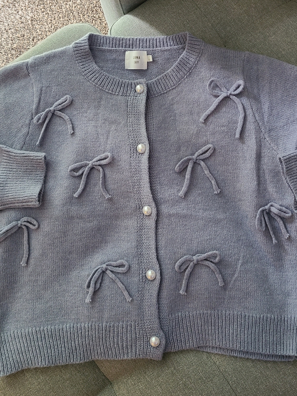 (NWOT) Luna Ivy Dusty Blue Bow-Accent Cardigan Sweater w/ Pearl Buttons - Picture 2 of 3